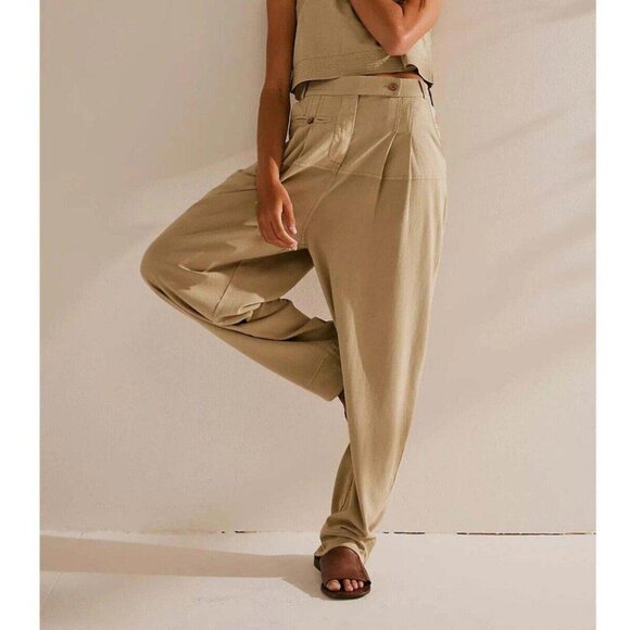 Free People Free Est Marici Soild Pants High-Rise Harem Cotton Pocket XS